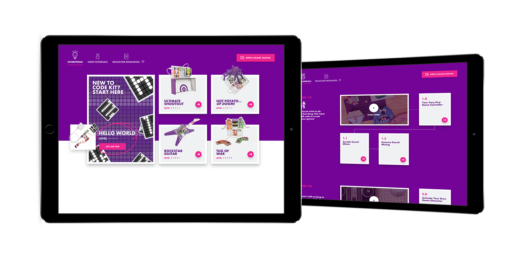 The home page of the app gives students a choice between inventions, tutorials, and starting from scratch.